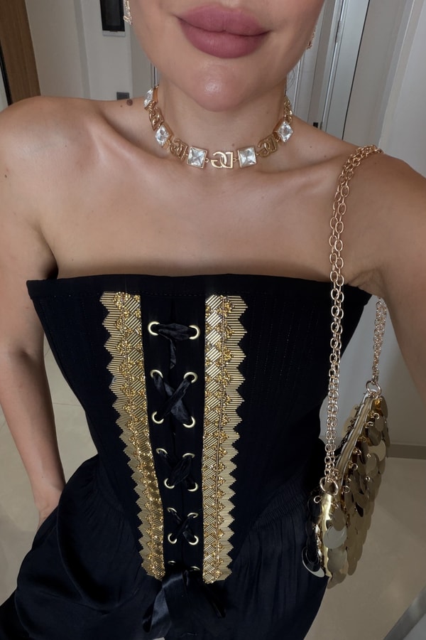 Anastasya Siyah Gold Taşlı Korse Büstiyer