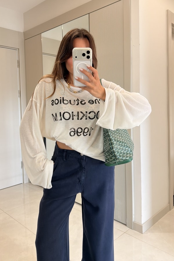 Acne Beyaz Baskılı Salaş Uzun Kollu Bluz