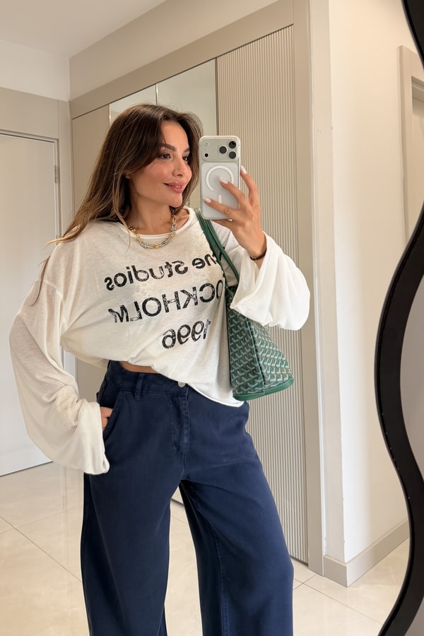 Acne Beyaz Baskılı Salaş Uzun Kollu Bluz