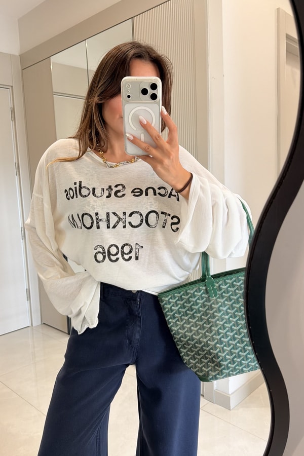 Acne Beyaz Baskılı Salaş Uzun Kollu Bluz