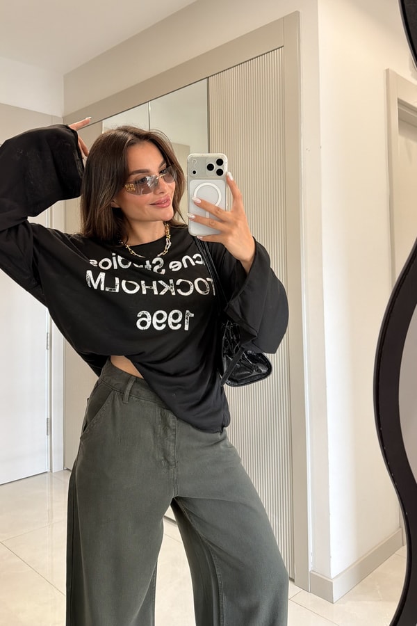 Acne Siyah Baskılı Salaş Uzun Kollu Bluz