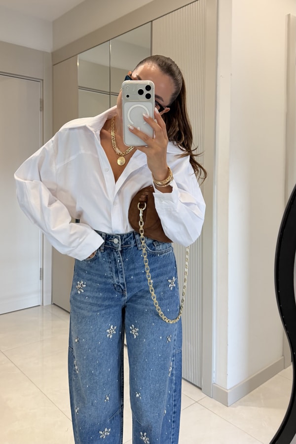 Angelic Taş İşlemeli Midblue Yüksek Bel Jean