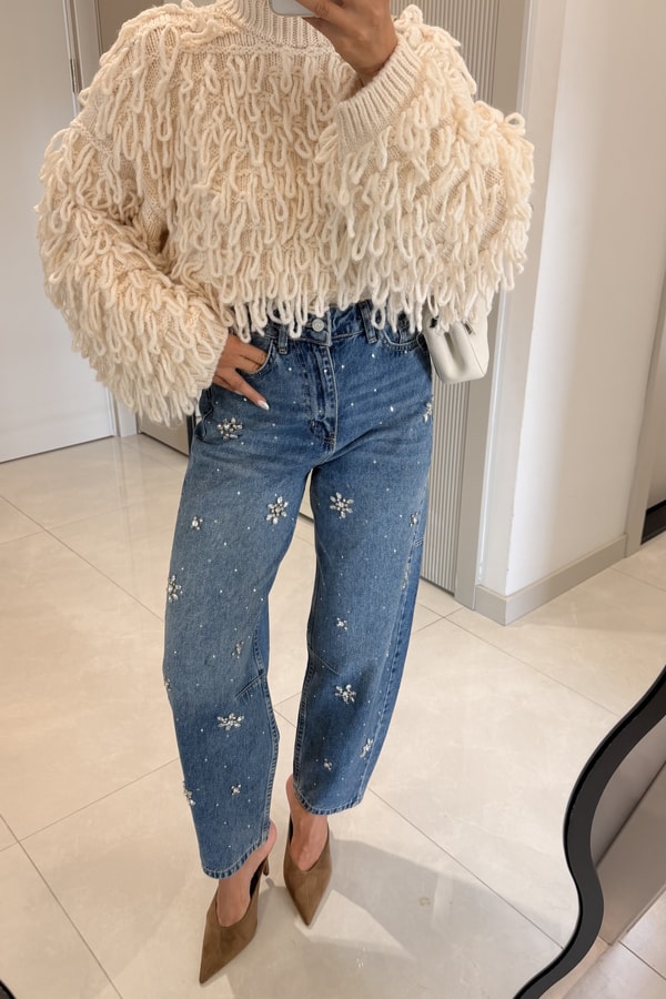 Angelic Taş İşlemeli Midblue Yüksek Bel Jean