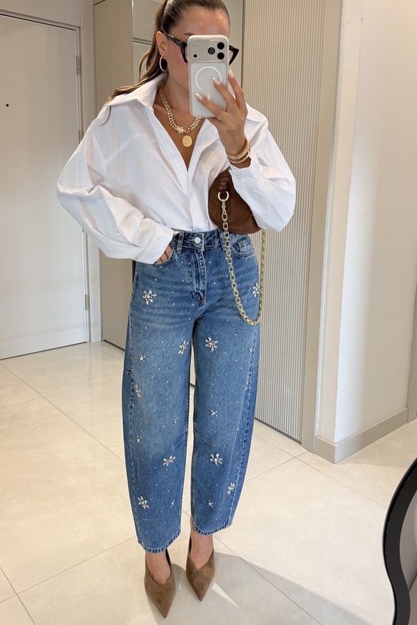 Angelic Taş İşlemeli Midblue Yüksek Bel Jean