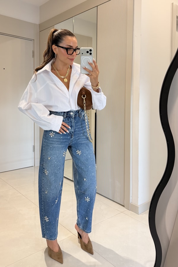 Angelic Taş İşlemeli Midblue Yüksek Bel Jean