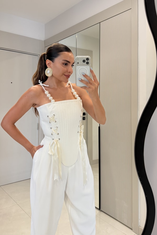 Angelina Beyaz İnci Detaylı Tasarım Korse