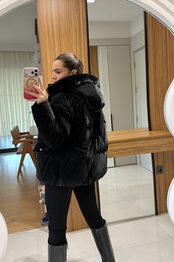 Angely Siyah Kapüşonlu  Premium Şişme Mont