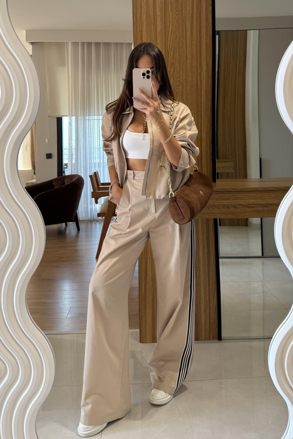 Angus Kenarları Şeritli Camel Pantolon 