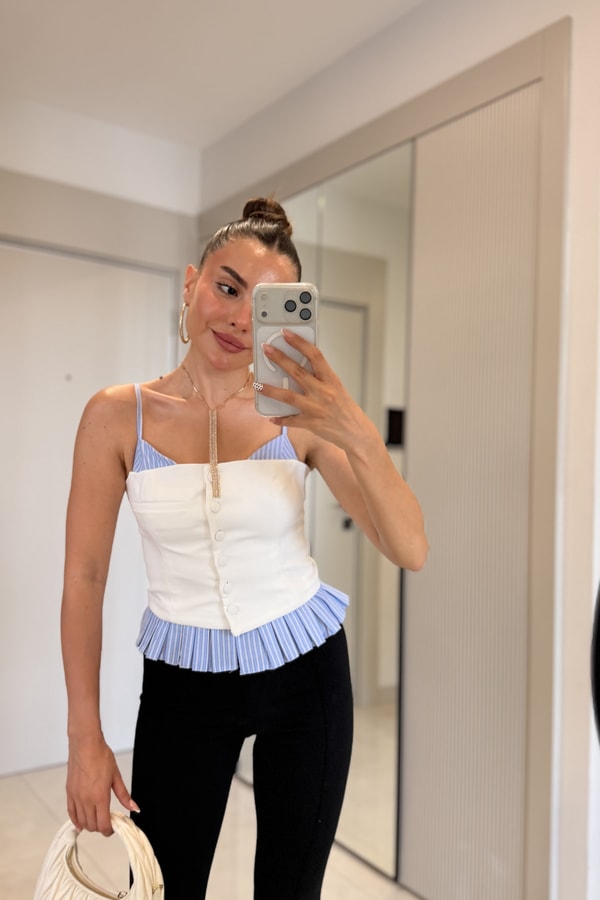 Anoly Beyaz Poplin Garnili Askılı Bluz