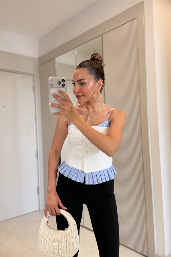 Anoly Beyaz Poplin Garnili Askılı Bluz