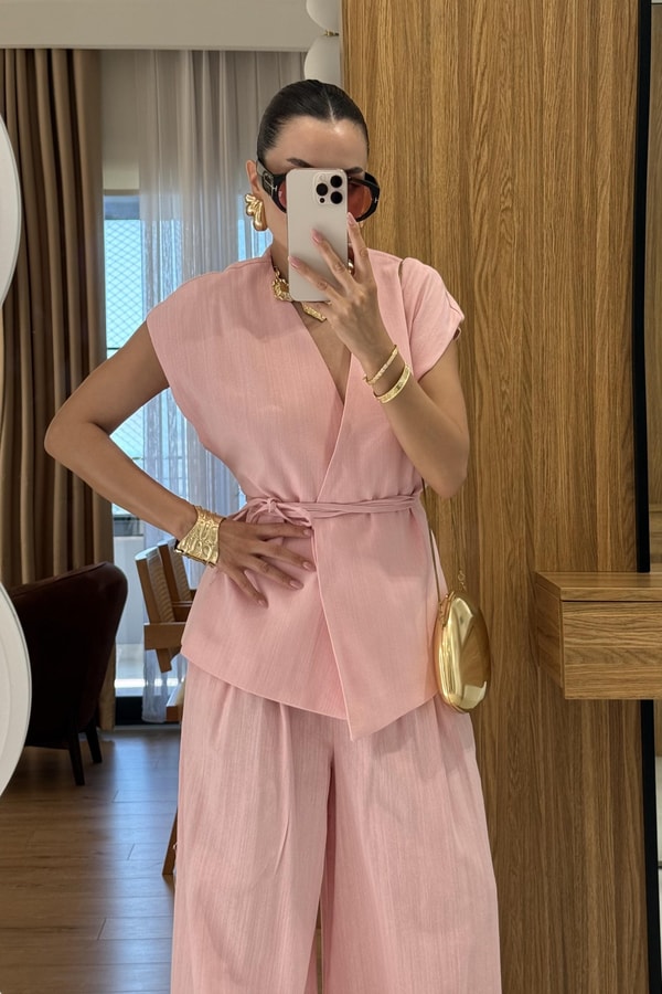 Anselie Pembe Keten Yelek Pantolon Takım 