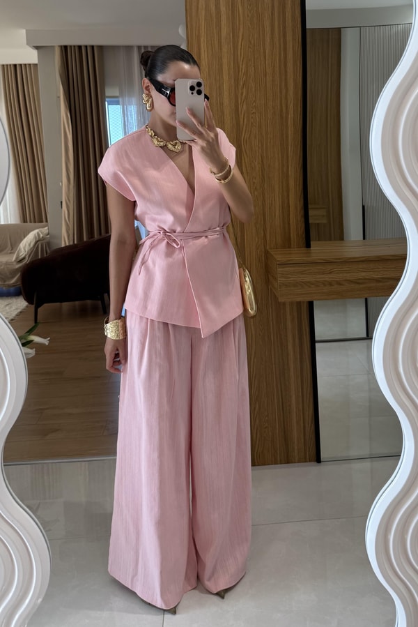 Anselie Pembe Keten Yelek Pantolon Takım 