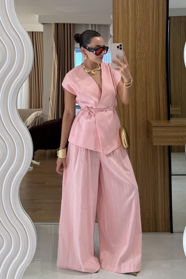 Anselie Pembe Keten Yelek Pantolon Takım 