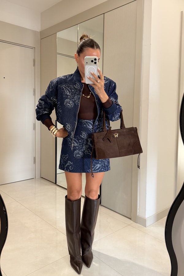 Antheia Şal Desenli Bomber Ceket Mini Etek Takım