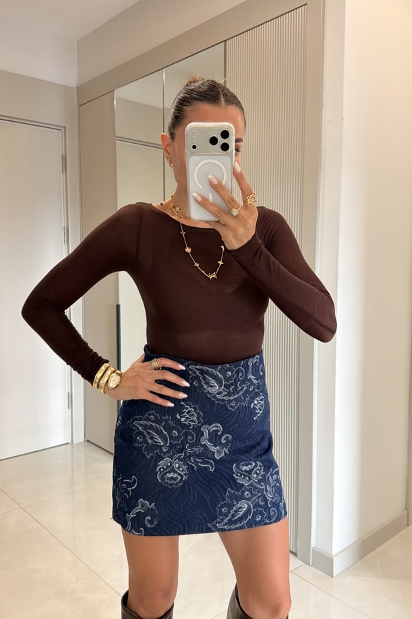 Antheia Şal Desenli Bomber Ceket Mini Etek Takım
