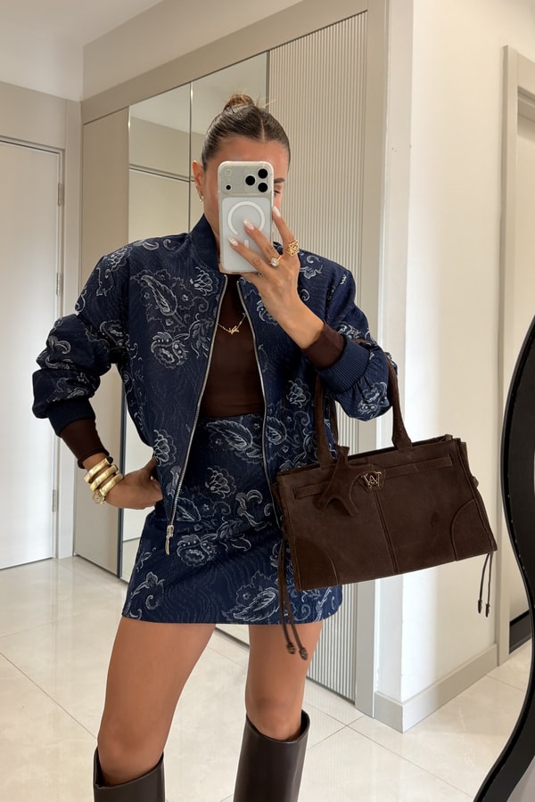 Antheia Şal Desenli Bomber Ceket Mini Etek Takım