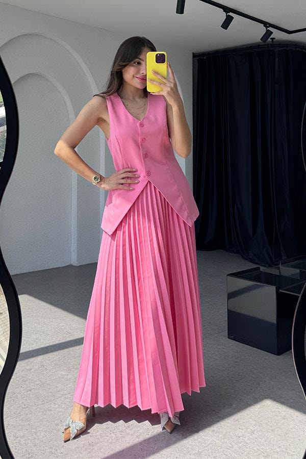 Ardea Piliseli Etekli Tasarım Takım-Pembe