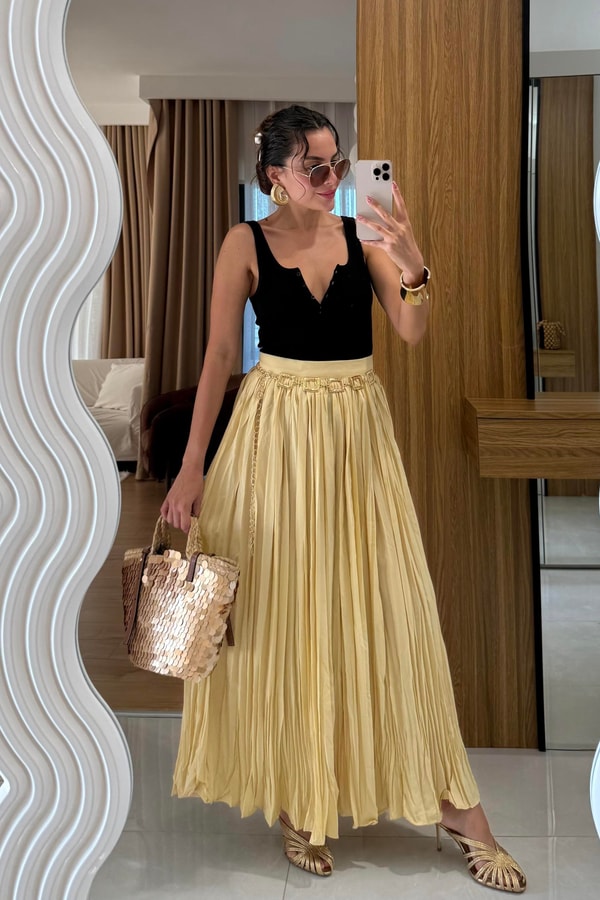 Ariella Kırışık Model Sarı Maxi Etek