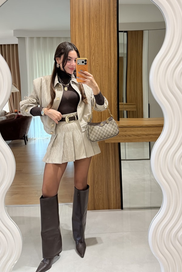 Aries Bej Kemerli Şort Etek