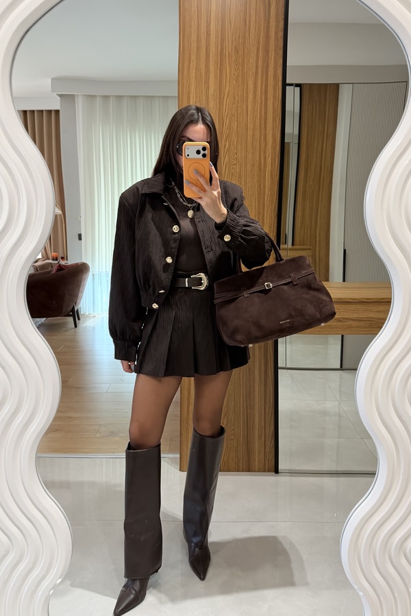 Aries Kahve Kemerli Şort Etek