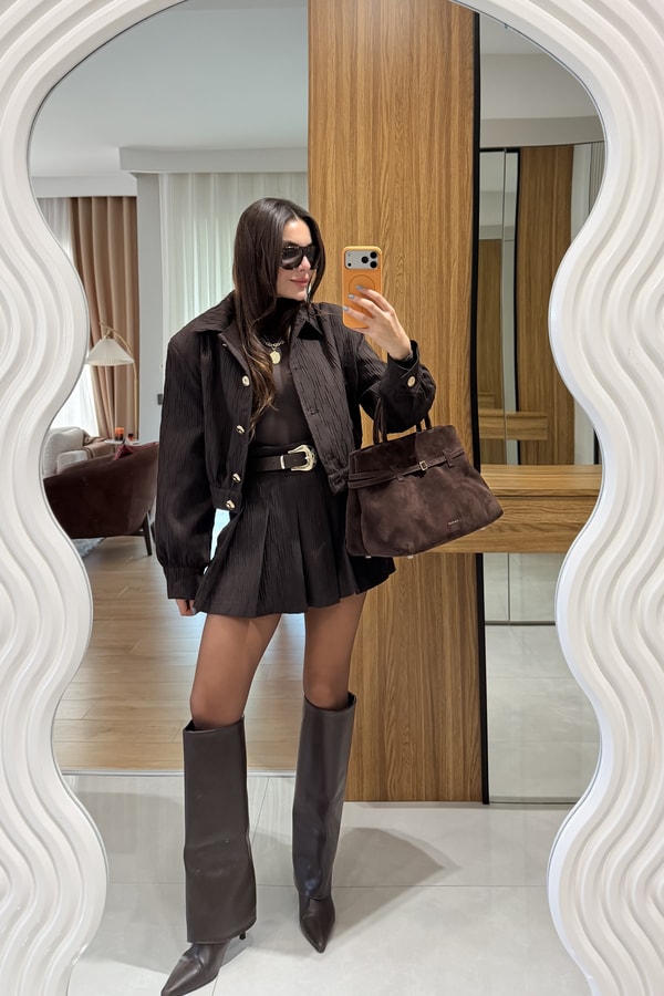 Aries Kahve Kemerli Şort Etek