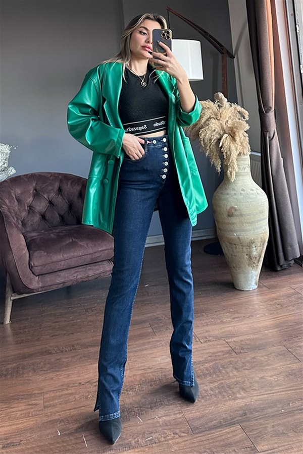 Asimetrik düğme detaylı darkblue yırtmaçlı jean