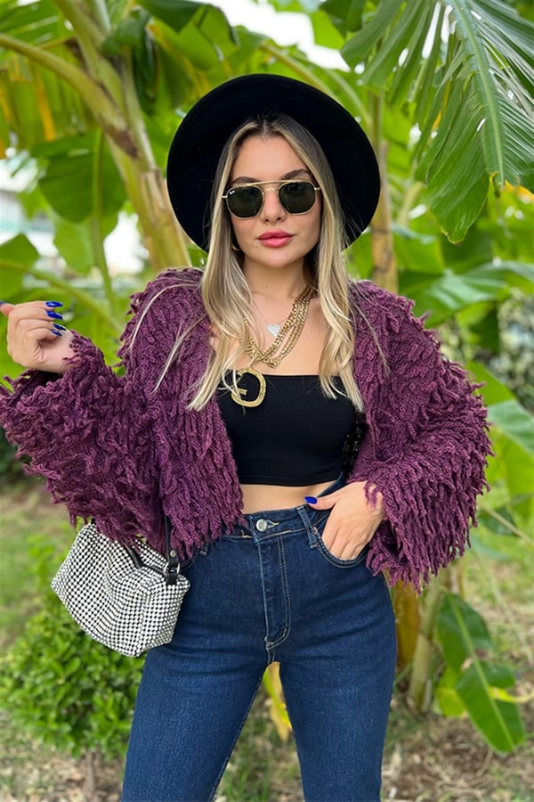 Asos mürdüm renk püsküllü hırka