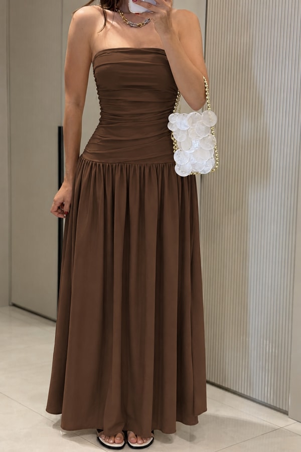 Aspera Kahve Straplez Drape Detaylı Elbise