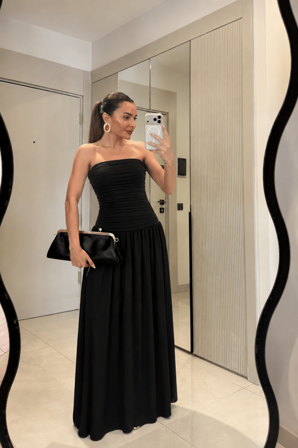 Aspera Siyah Straplez Drape Detaylı Elbise