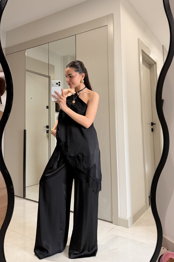 Athina Siyah Saten Geniş Paça Pantolon