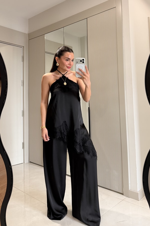 Athina Siyah Saten Geniş Paça Pantolon
