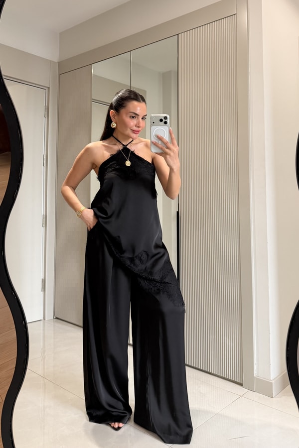 Athina Siyah Saten Geniş Paça Pantolon