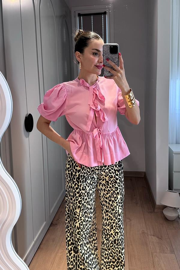 Aura Leopar Desenli Geniş Paça Pantolon