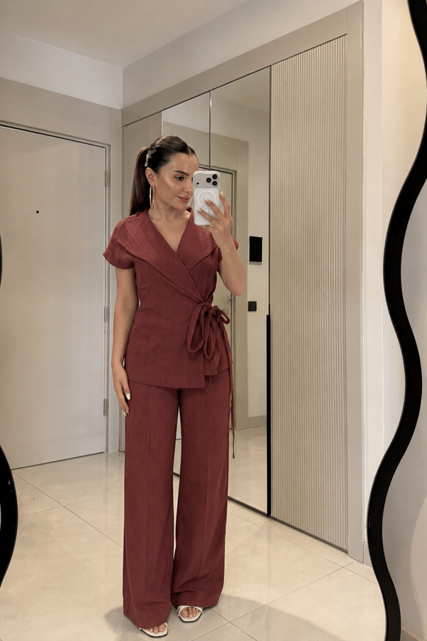 Avelis Kiremit Keten Yelek Pantolon Takım