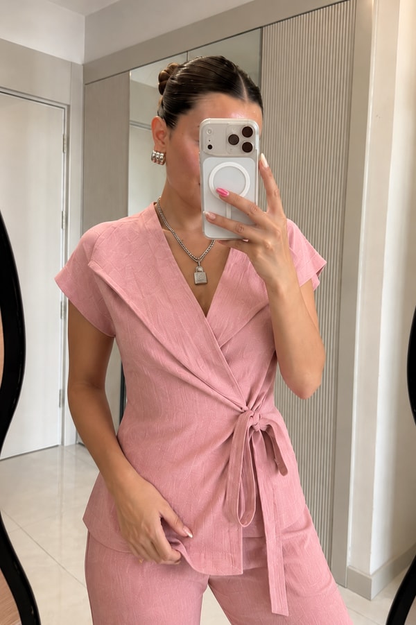 Avelis Pembe Keten Yelek Pantolon Takım