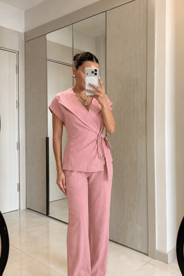 Avelis Pembe Keten Yelek Pantolon Takım