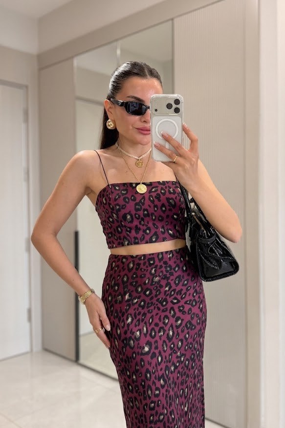Avoid Kırmızı Saten Leopar Crop
