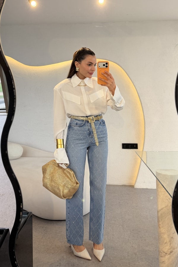 Avoria Lightblue Baklava Taşlı Jean 