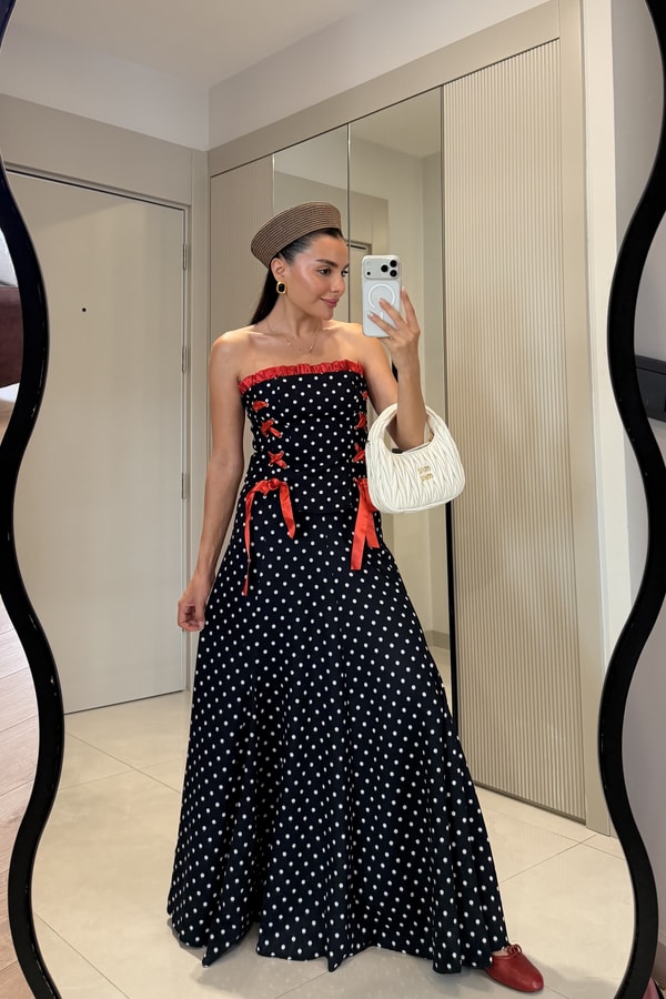Axelle Siyah Puantiyeli Kırmızı Fiyonk Detaylı Straplez Takım