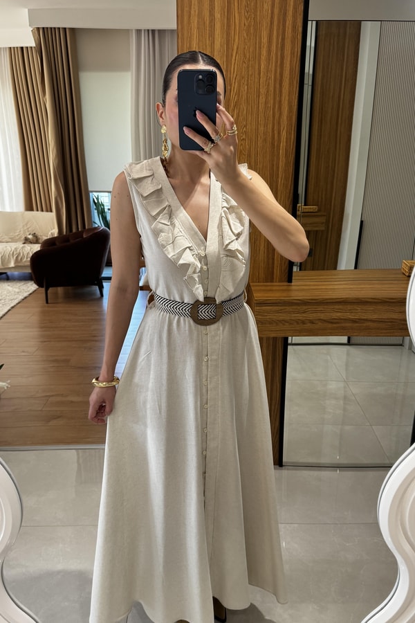 Aymera Kemerli  Maxi Keten Elbise 