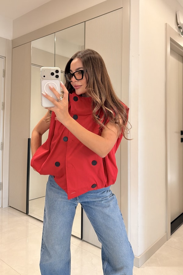 Banja Kırmızı Oversize Trenç Yelek