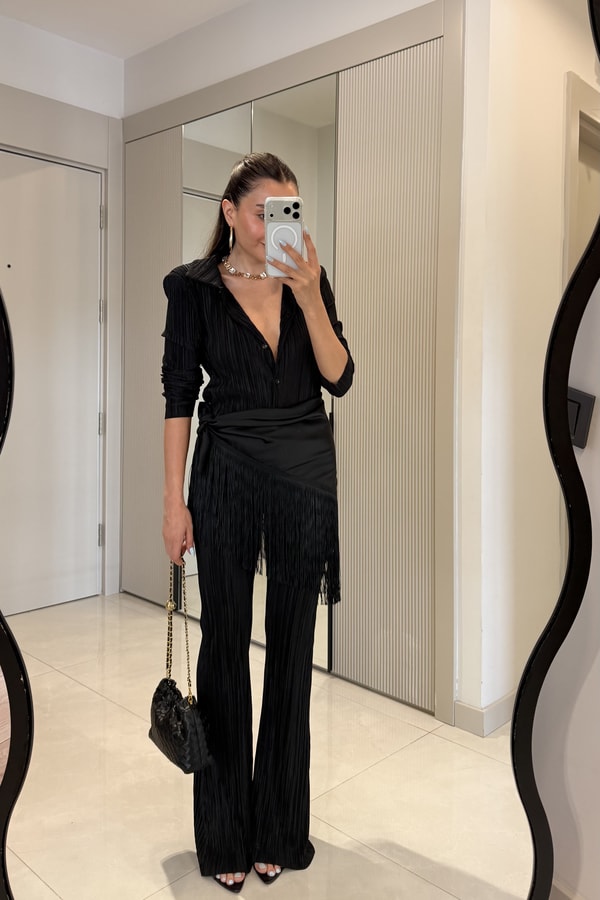 Barbara Siyah Saten Vatkalı Kırinkıl Takım