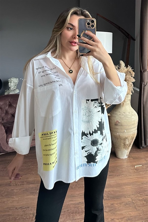 Baskı detaylı tasarım beyaz gömlek