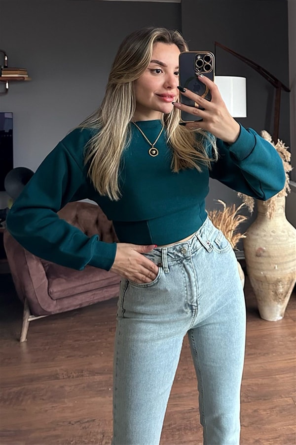 Baskısız düz yeşil içi şardonlu sweat