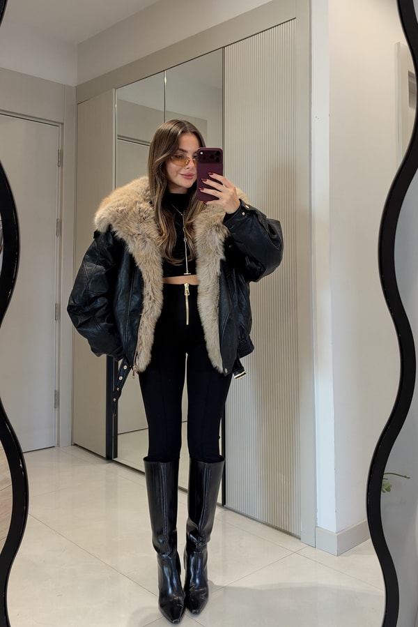 Beans Siyah Kürk Yaka Premium Deri Görünümlü Mont
