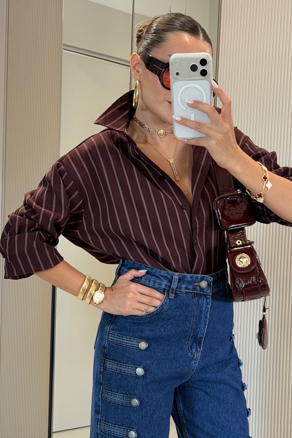 Beauty Bordo Çizgili Oversize Gömlek