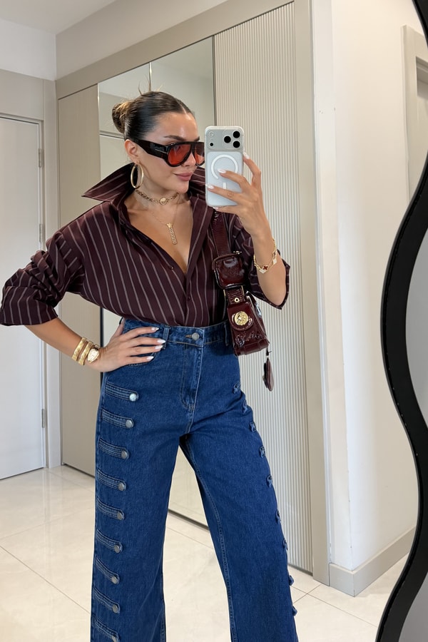 Beauty Bordo Çizgili Oversize Gömlek
