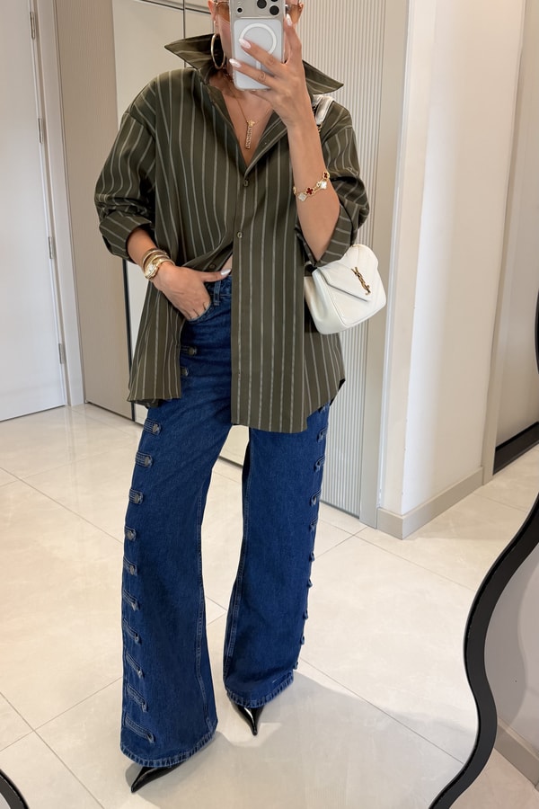 Beauty Haki Çizgili Oversize Gömlek