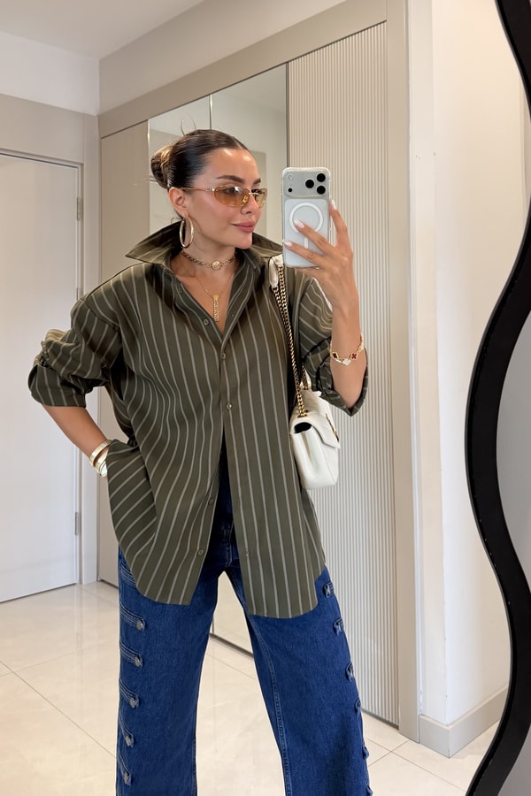 Beauty Haki Çizgili Oversize Gömlek