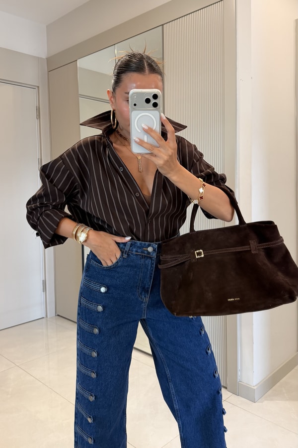 Beauty Kahve Çizgili Oversize Gömlek